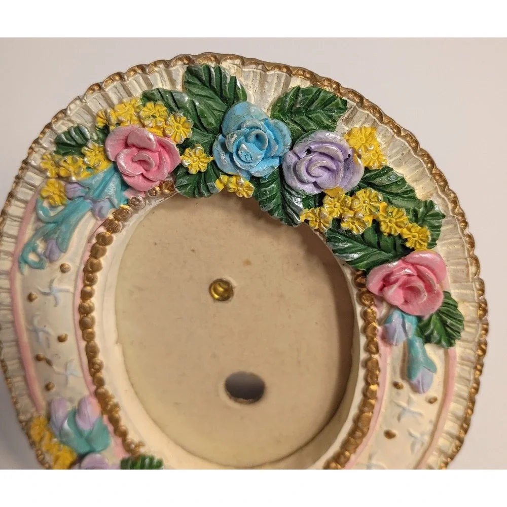 Vtg Resin Photo Frame Colorful Roses Victorian Decor Country Small 4x3.5